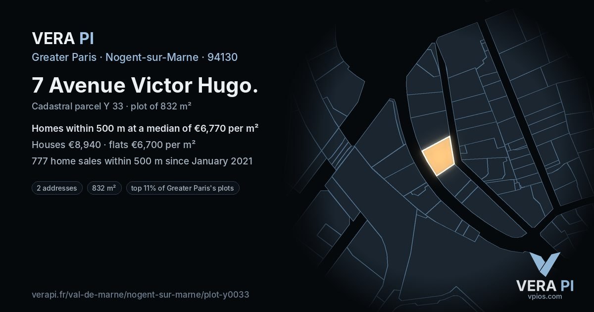 7 Avenue Victor Hugo, Nogent-sur-Marne at night – the plot lit, the parcels around coloured by the prices near them