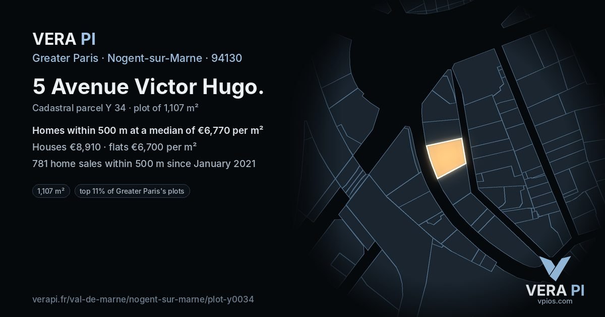 5 Avenue Victor Hugo, Nogent-sur-Marne at night – the plot lit, the parcels around coloured by the prices near them