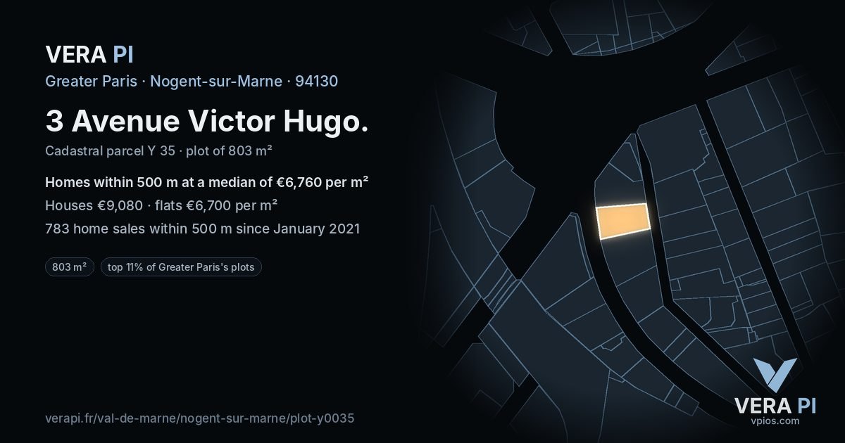 3 Avenue Victor Hugo, Nogent-sur-Marne at night – the plot lit, the parcels around coloured by the prices near them