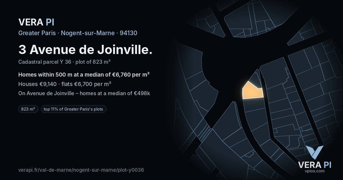 3 Avenue de Joinville, Nogent-sur-Marne at night – the plot lit, the parcels around coloured by the prices near them