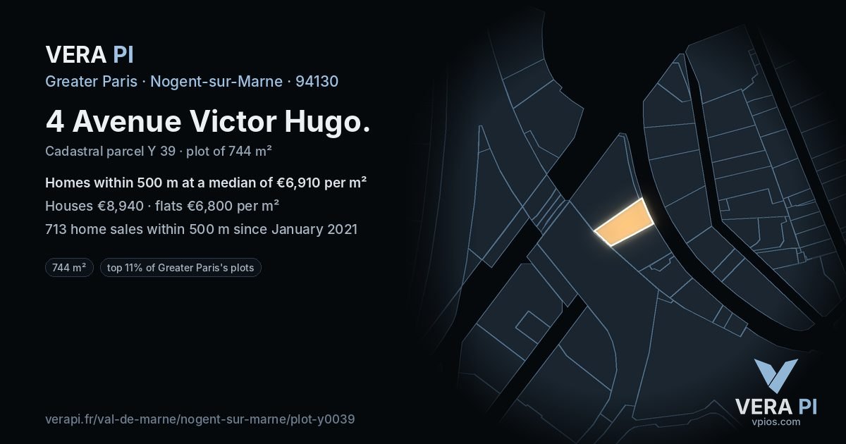 4 Avenue Victor Hugo, Nogent-sur-Marne at night – the plot lit, the parcels around coloured by the prices near them