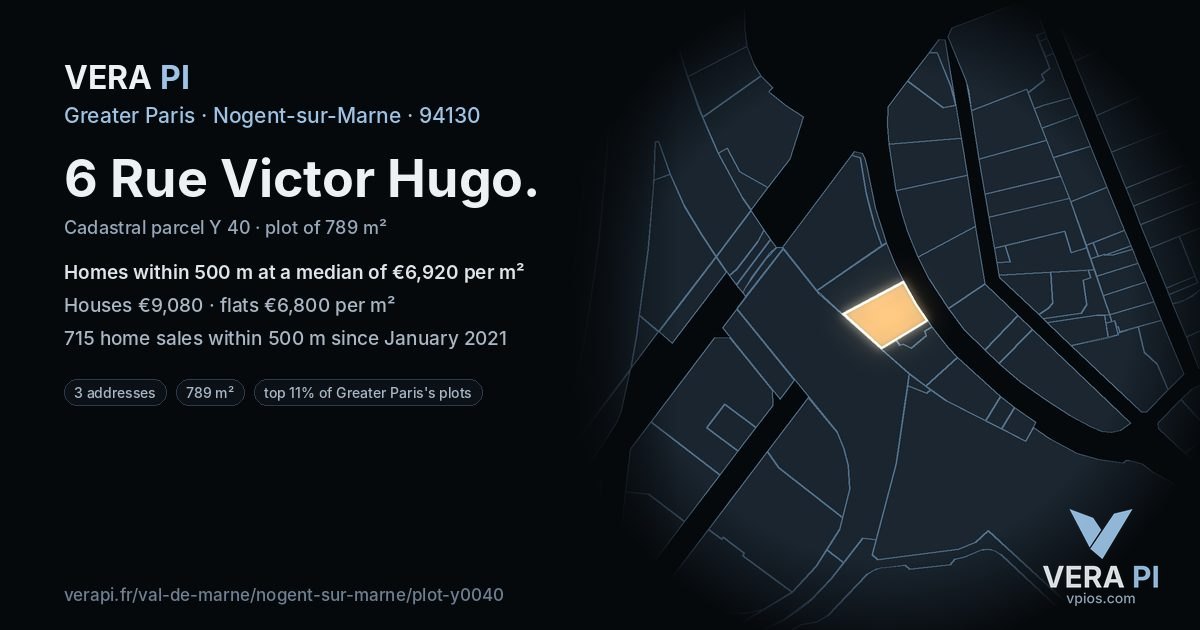 6 Rue Victor Hugo, Nogent-sur-Marne at night – the plot lit, the parcels around coloured by the prices near them