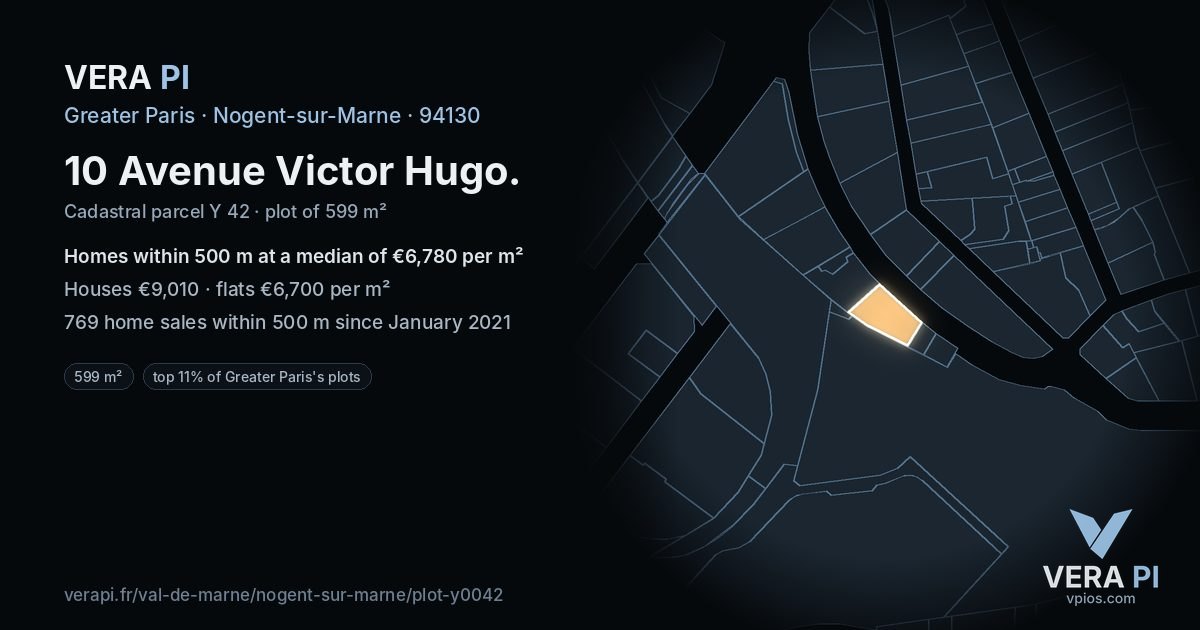 10 Avenue Victor Hugo, Nogent-sur-Marne at night – the plot lit, the parcels around coloured by the prices near them