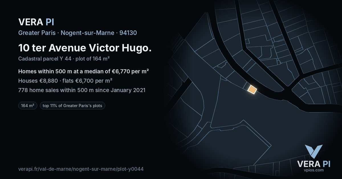 10 ter Avenue Victor Hugo, Nogent-sur-Marne at night – the plot lit, the parcels around coloured by the prices near them