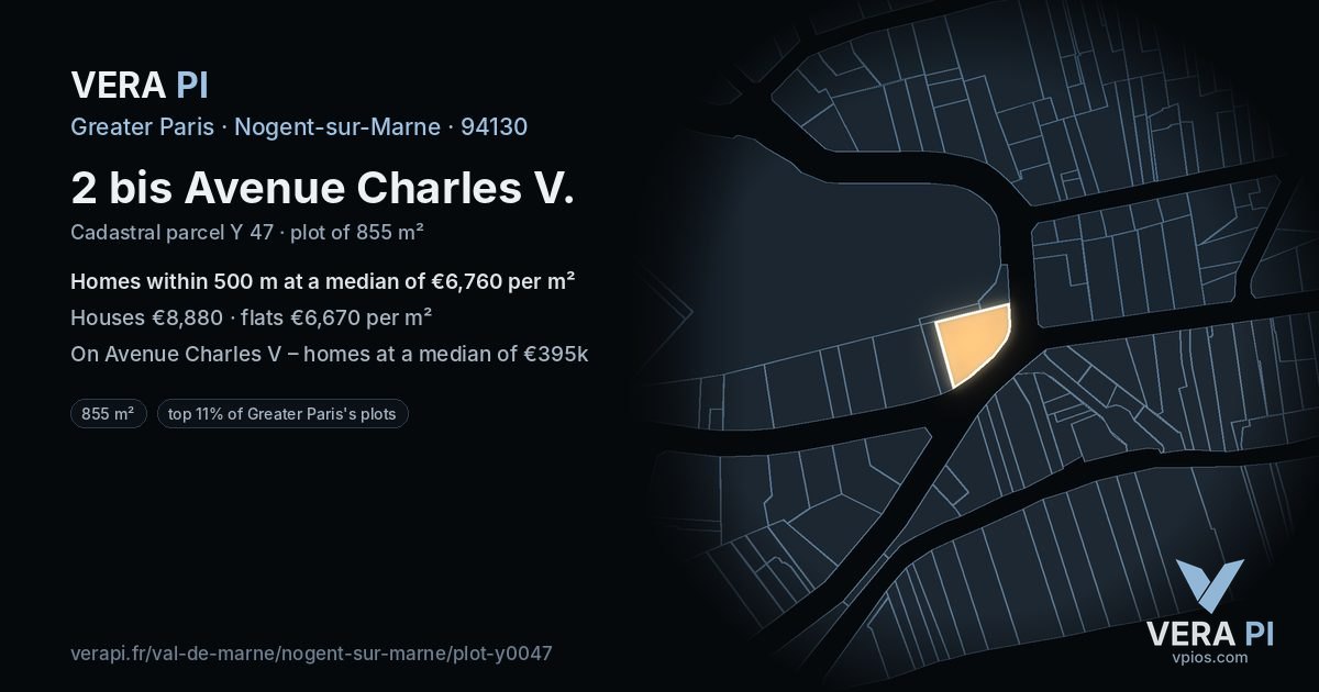 2 bis Avenue Charles V, Nogent-sur-Marne at night – the plot lit, the parcels around coloured by the prices near them