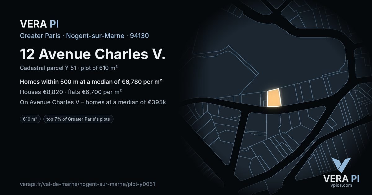 12 Avenue Charles V, Nogent-sur-Marne at night – the plot lit, the parcels around coloured by the prices near them