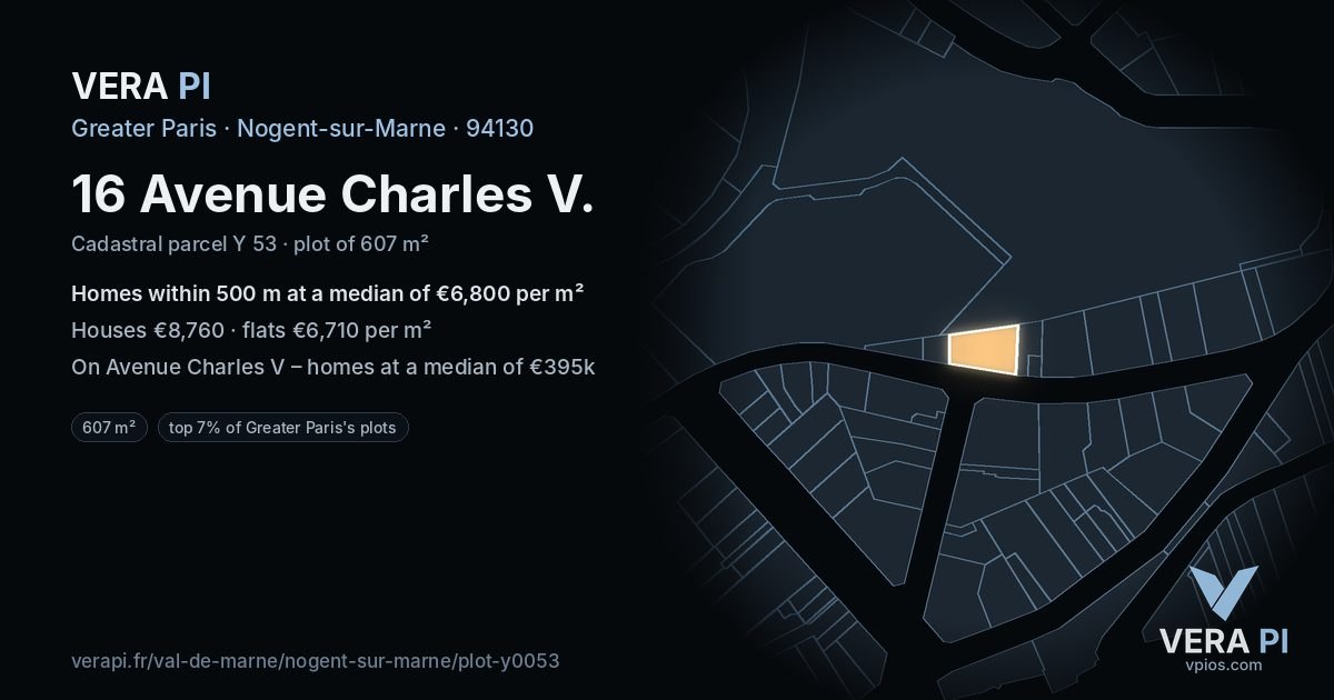16 Avenue Charles V, Nogent-sur-Marne at night – the plot lit, the parcels around coloured by the prices near them