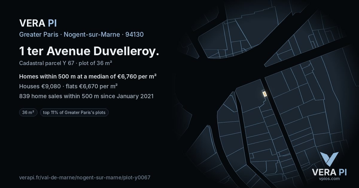1 ter Avenue Duvelleroy, Nogent-sur-Marne at night – the plot lit, the parcels around coloured by the prices near them