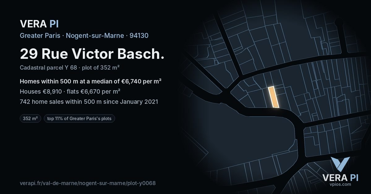 29 Rue Victor Basch, Nogent-sur-Marne at night – the plot lit, the parcels around coloured by the prices near them