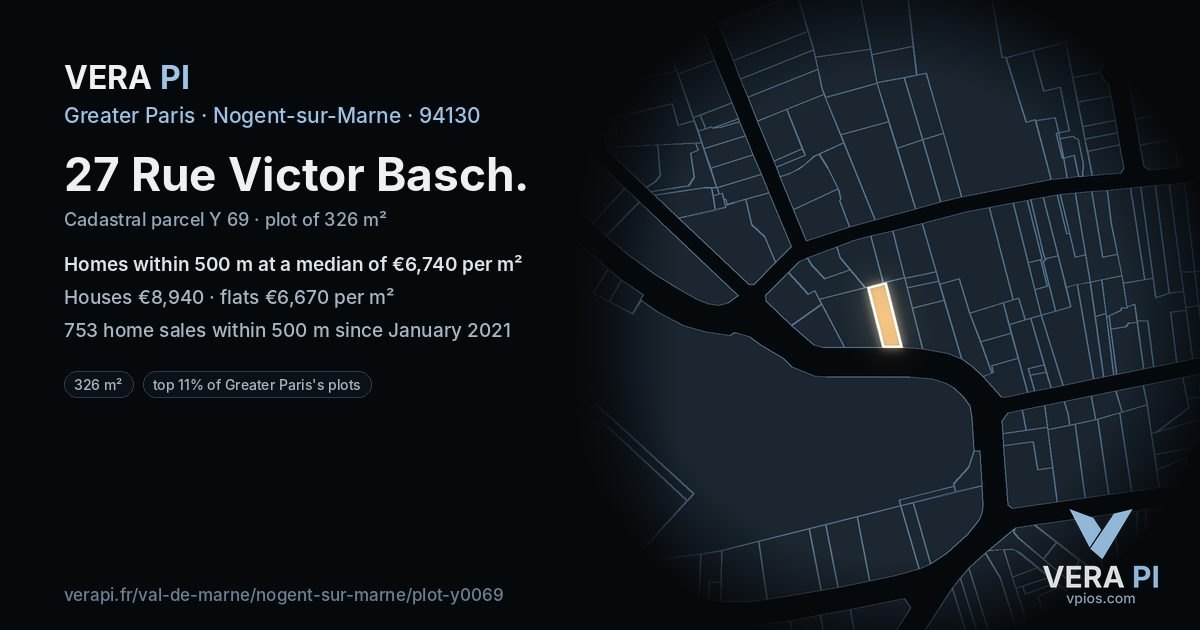 27 Rue Victor Basch, Nogent-sur-Marne at night – the plot lit, the parcels around coloured by the prices near them