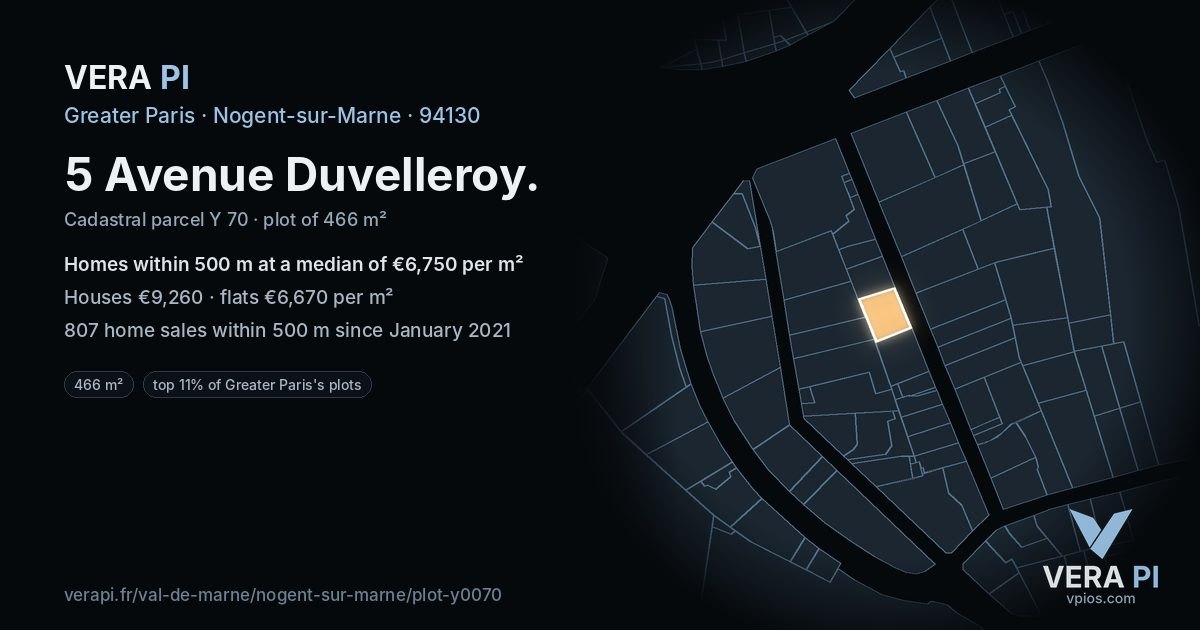 5 Avenue Duvelleroy, Nogent-sur-Marne at night – the plot lit, the parcels around coloured by the prices near them