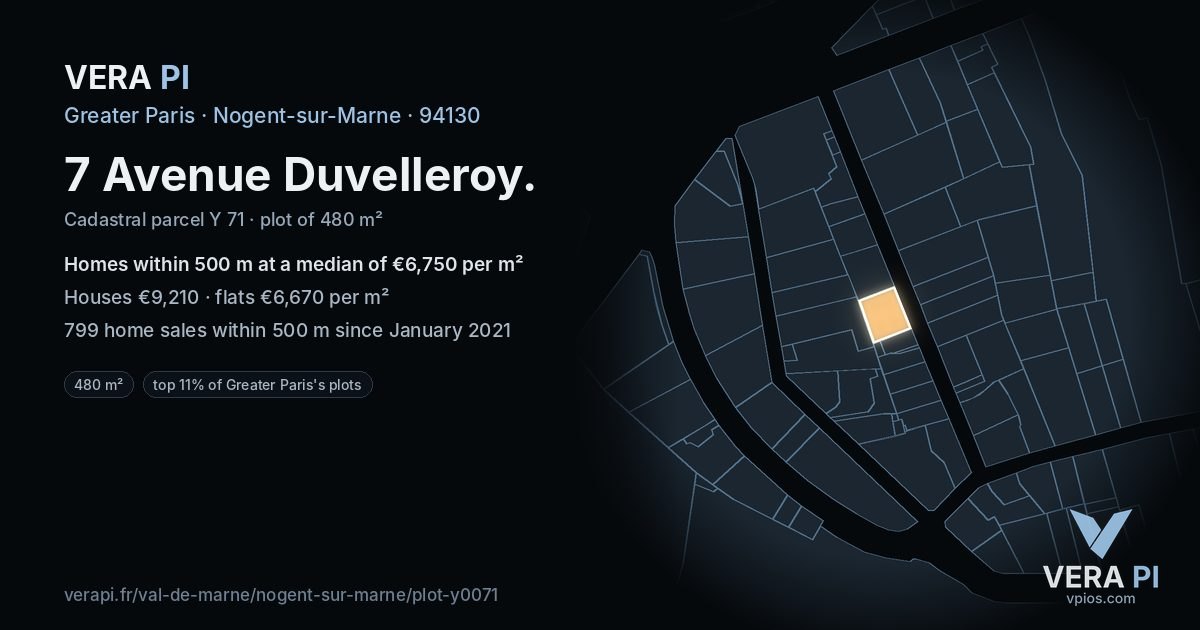 7 Avenue Duvelleroy, Nogent-sur-Marne at night – the plot lit, the parcels around coloured by the prices near them