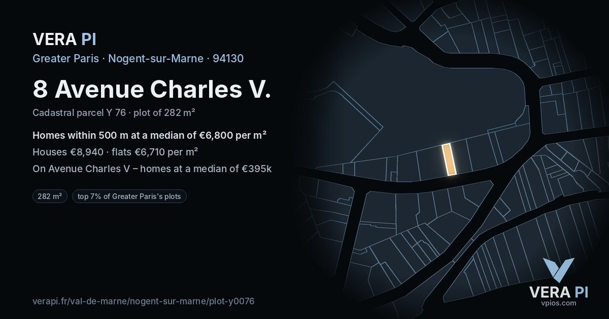 8 Avenue Charles V, Nogent-sur-Marne at night – the plot lit, the parcels around coloured by the prices near them