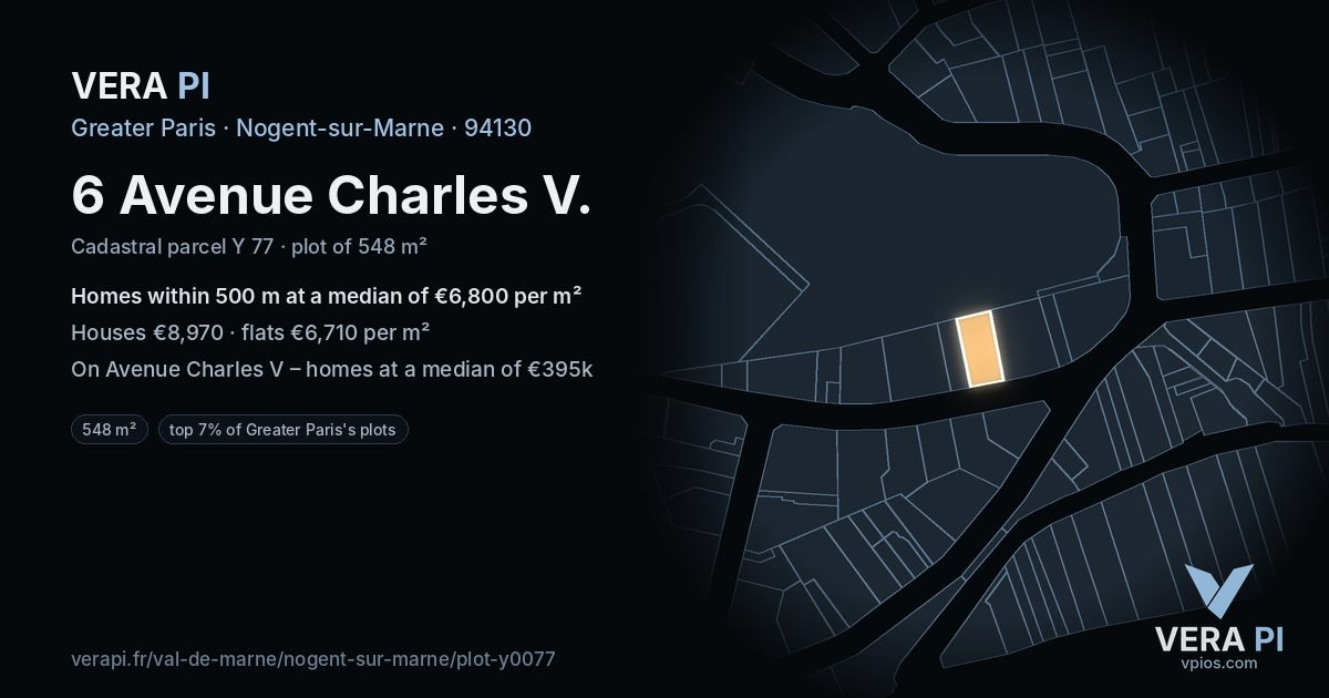 6 Avenue Charles V, Nogent-sur-Marne at night – the plot lit, the parcels around coloured by the prices near them