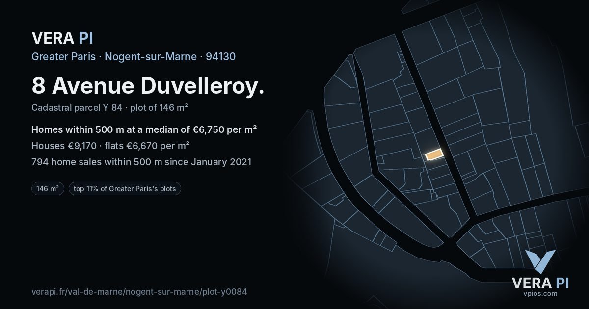 8 Avenue Duvelleroy, Nogent-sur-Marne at night – the plot lit, the parcels around coloured by the prices near them