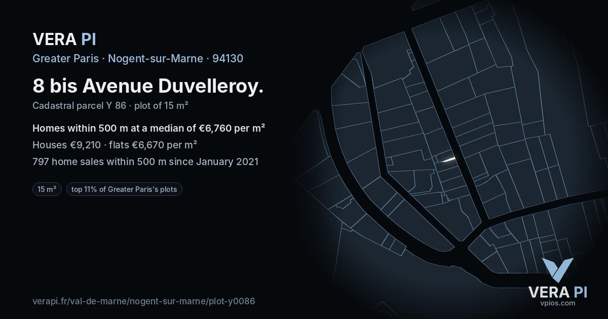 8 bis Avenue Duvelleroy, Nogent-sur-Marne at night – the plot lit, the parcels around coloured by the prices near them