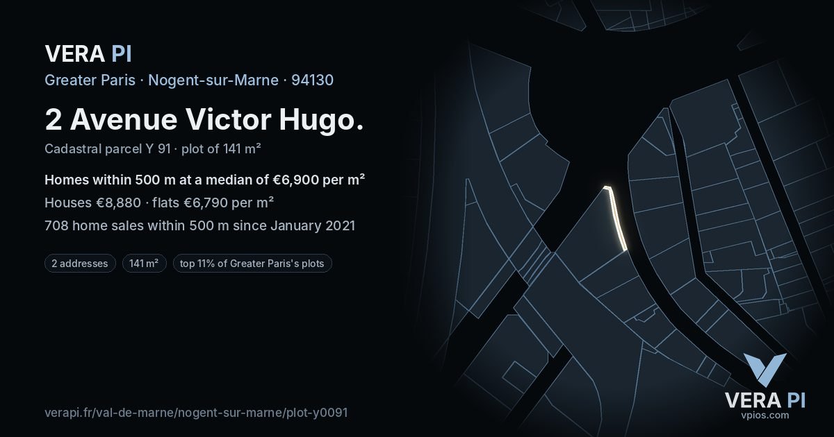 2 Avenue Victor Hugo, Nogent-sur-Marne at night – the plot lit, the parcels around coloured by the prices near them