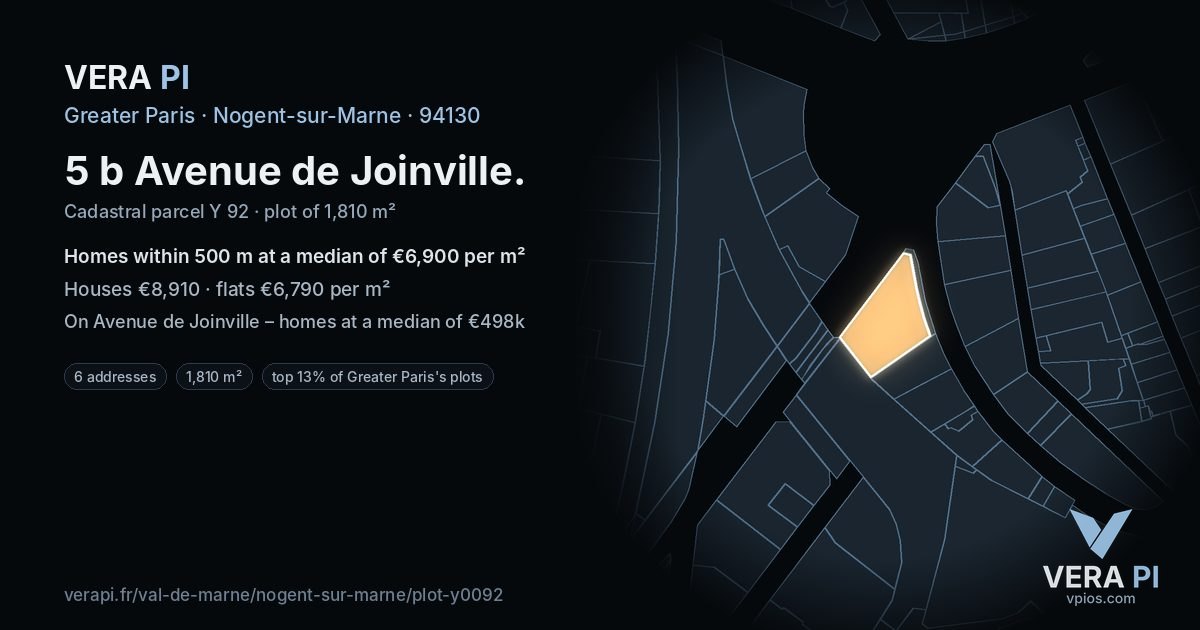 5 b Avenue de Joinville, Nogent-sur-Marne at night – the plot lit, the parcels around coloured by the prices near them