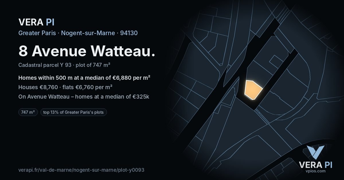 8 Avenue Watteau, Nogent-sur-Marne at night – the plot lit, the parcels around coloured by the prices near them