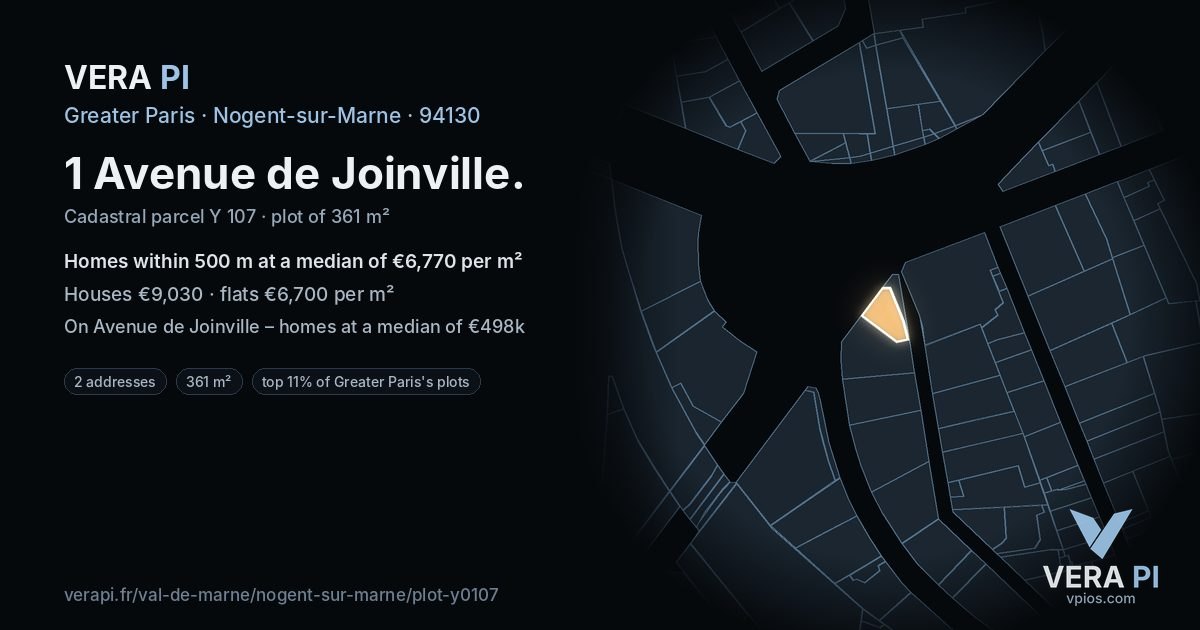 1 Avenue de Joinville, Nogent-sur-Marne at night – the plot lit, the parcels around coloured by the prices near them