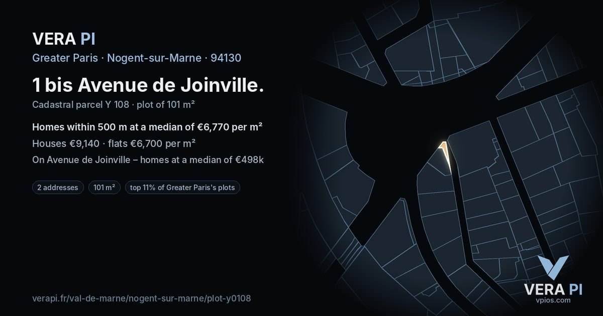 1 bis Avenue de Joinville, Nogent-sur-Marne at night – the plot lit, the parcels around coloured by the prices near them