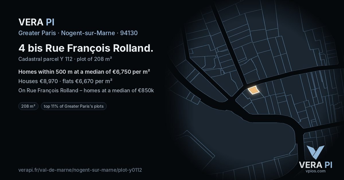 4 bis Rue François Rolland, Nogent-sur-Marne at night – the plot lit, the parcels around coloured by the prices near them