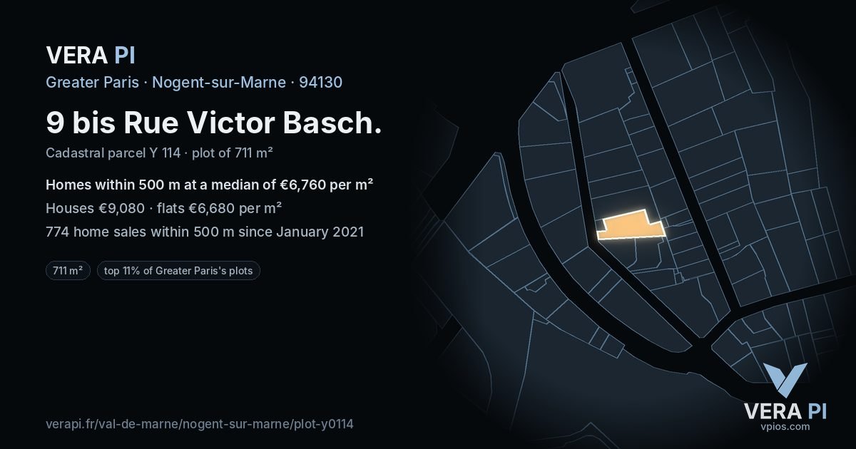 9 bis Rue Victor Basch, Nogent-sur-Marne at night – the plot lit, the parcels around coloured by the prices near them