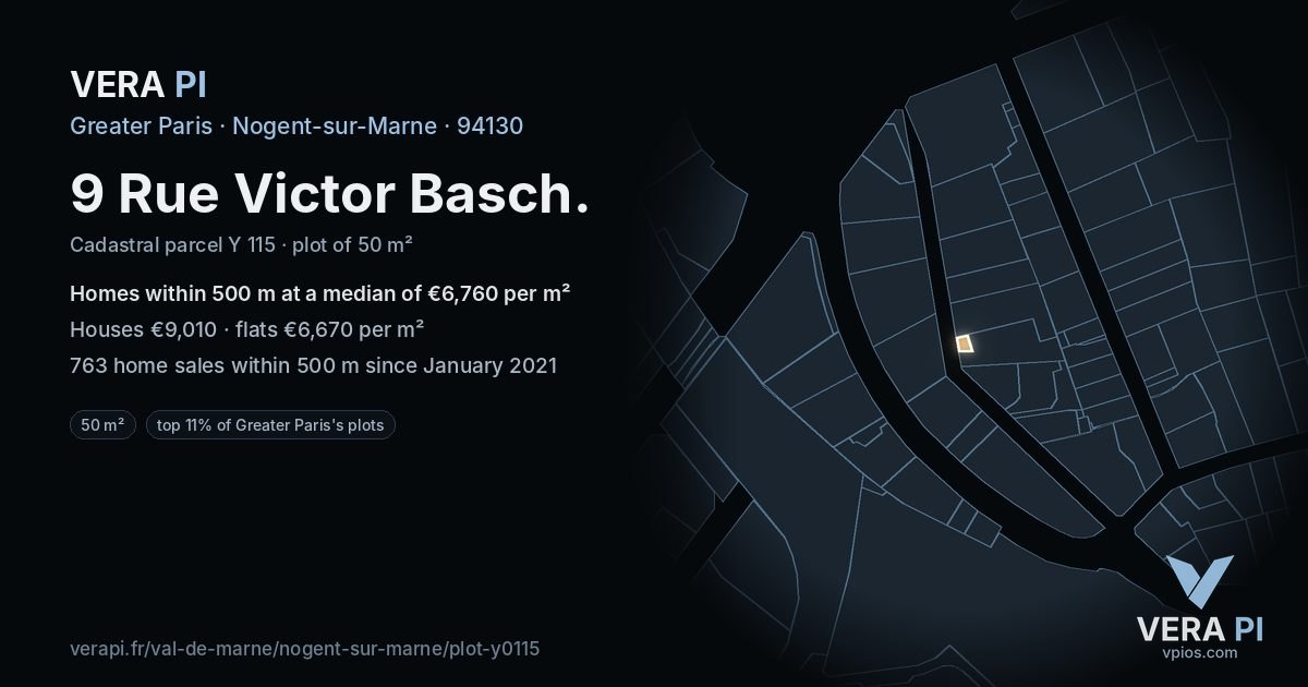 9 Rue Victor Basch, Nogent-sur-Marne at night – the plot lit, the parcels around coloured by the prices near them