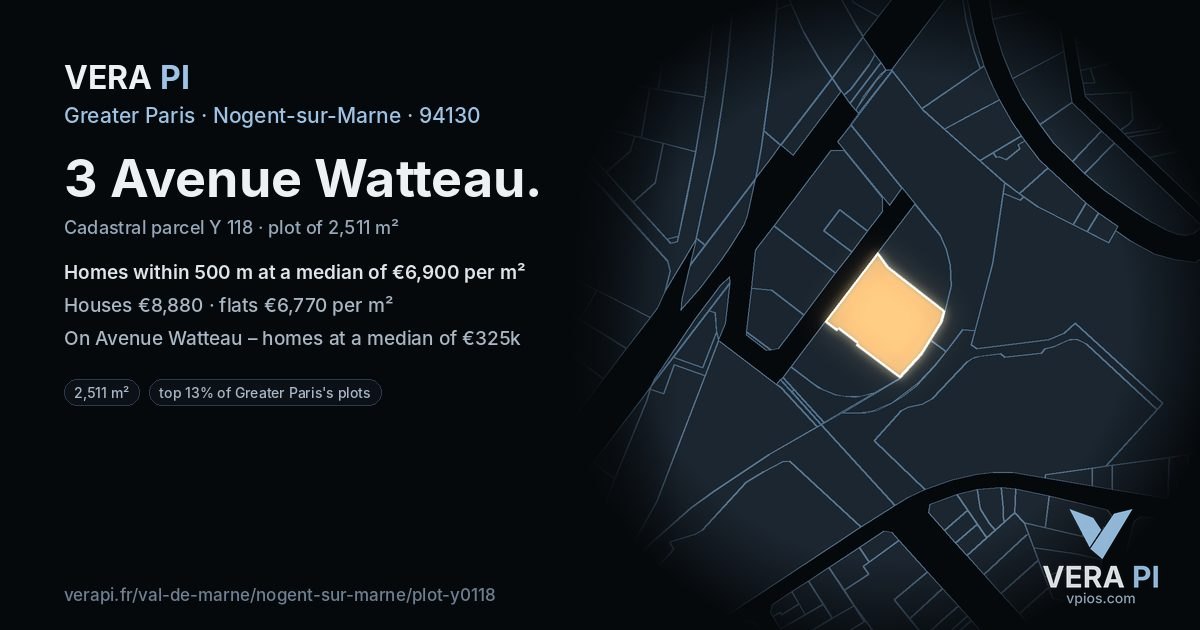 3 Avenue Watteau, Nogent-sur-Marne at night – the plot lit, the parcels around coloured by the prices near them