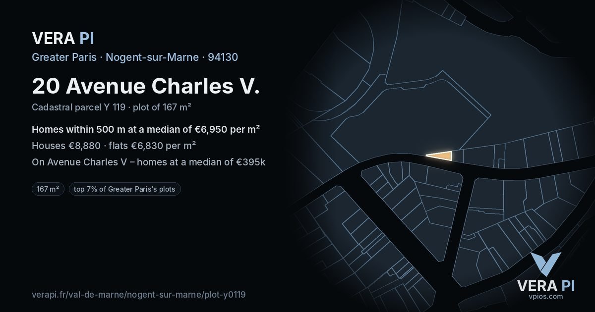 20 Avenue Charles V, Nogent-sur-Marne at night – the plot lit, the parcels around coloured by the prices near them