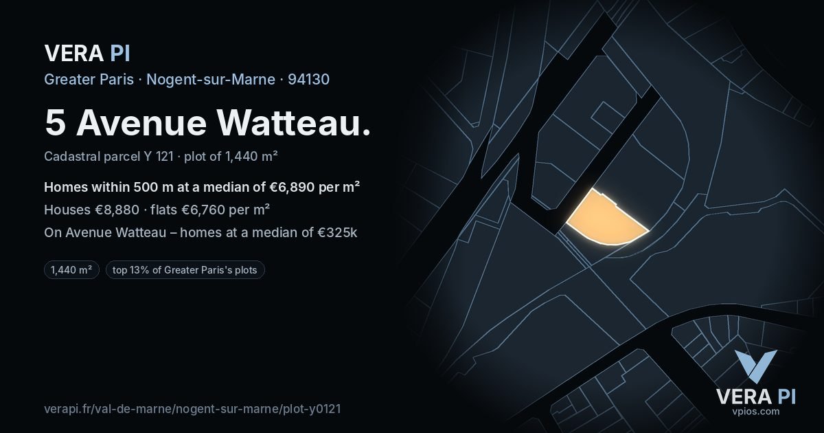 5 Avenue Watteau, Nogent-sur-Marne at night – the plot lit, the parcels around coloured by the prices near them