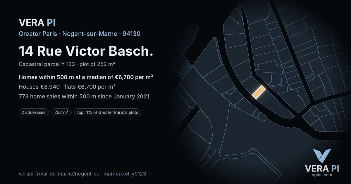 14 Rue Victor Basch, Nogent-sur-Marne at night – the plot lit, the parcels around coloured by the prices near them