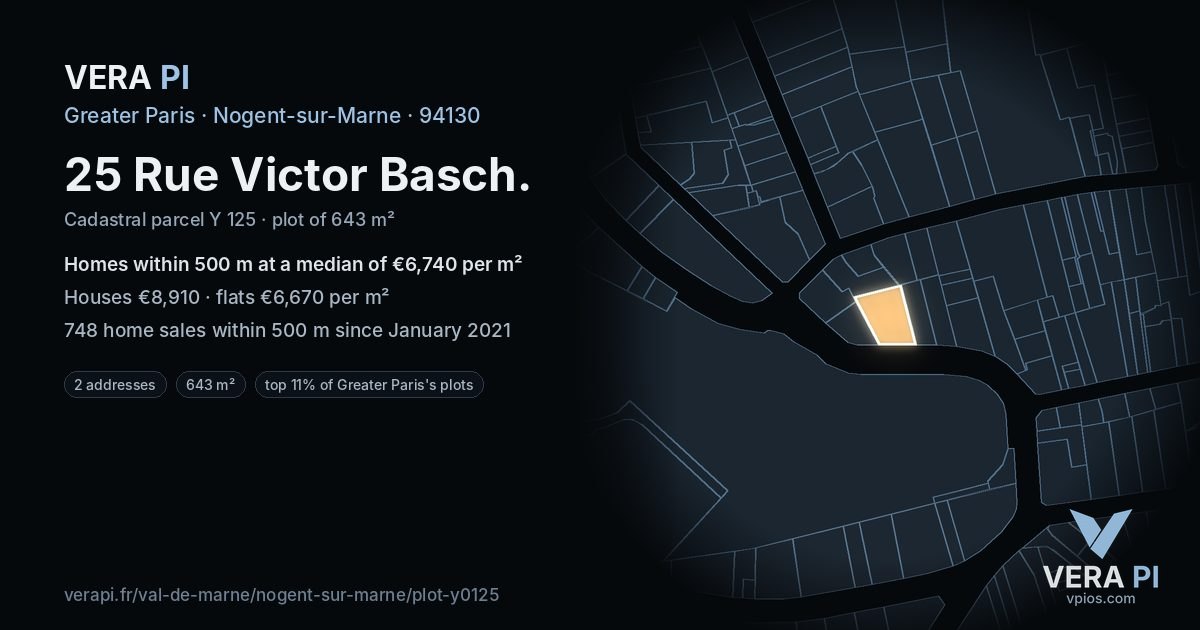 25 Rue Victor Basch, Nogent-sur-Marne at night – the plot lit, the parcels around coloured by the prices near them