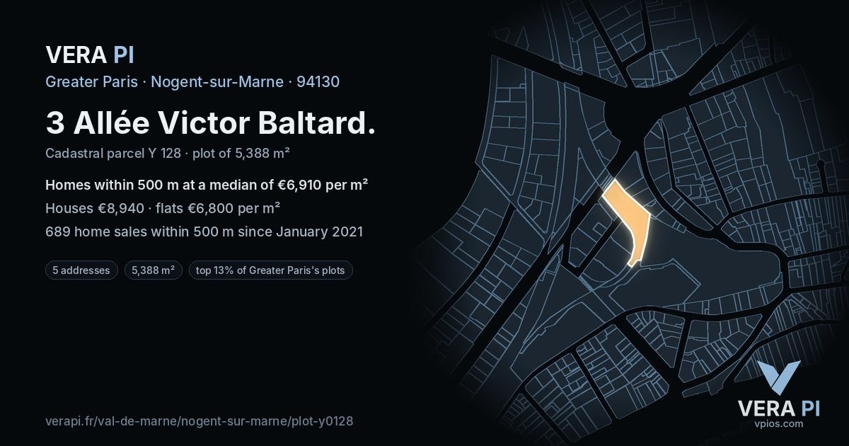 3 Allée Victor Baltard, Nogent-sur-Marne at night – the plot lit, the parcels around coloured by the prices near them