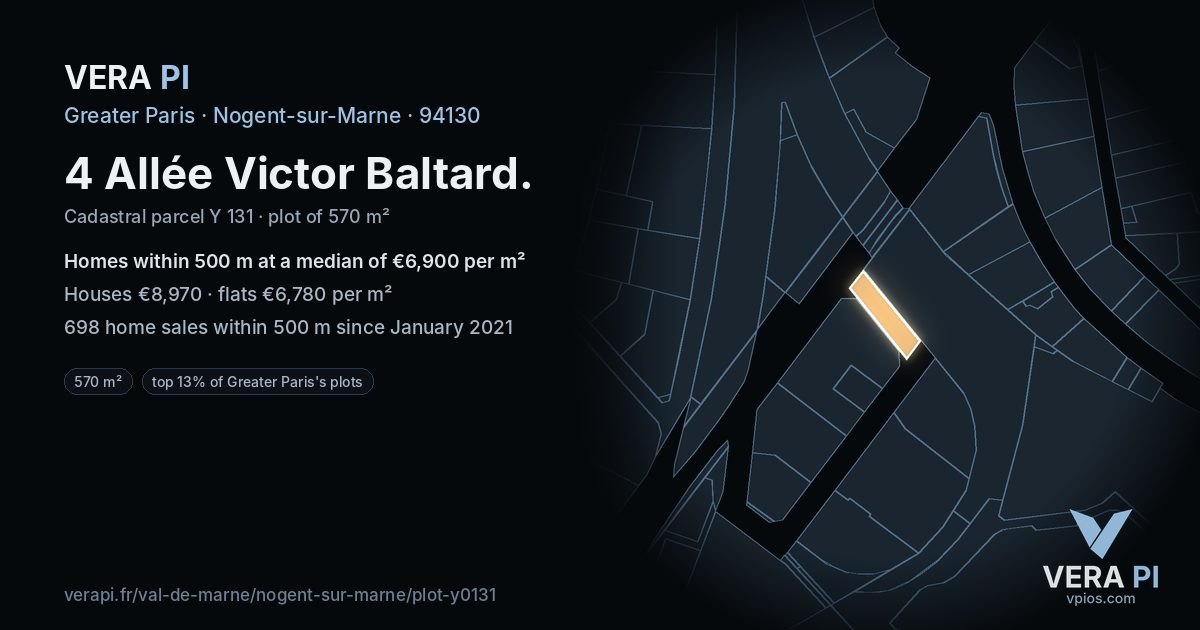4 Allée Victor Baltard, Nogent-sur-Marne at night – the plot lit, the parcels around coloured by the prices near them