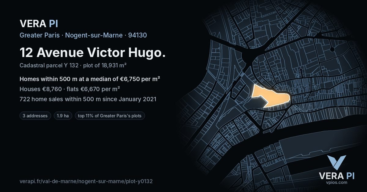 12 Avenue Victor Hugo, Nogent-sur-Marne at night – the plot lit, the parcels around coloured by the prices near them