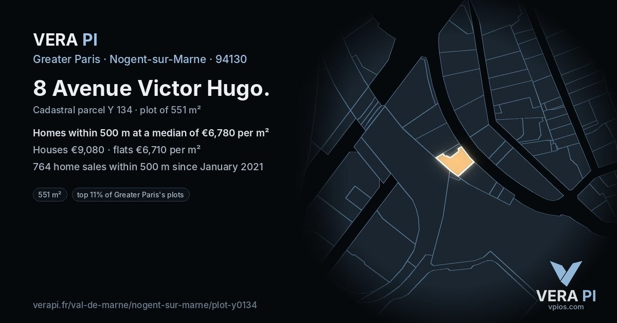8 Avenue Victor Hugo, Nogent-sur-Marne at night – the plot lit, the parcels around coloured by the prices near them