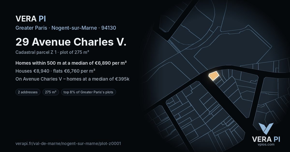 29 Avenue Charles V, Nogent-sur-Marne at night – the plot lit, the parcels around coloured by the prices near them
