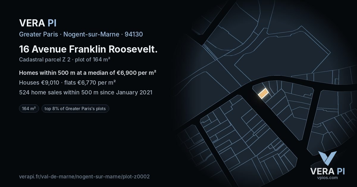 16 Avenue Franklin Roosevelt, Nogent-sur-Marne at night – the plot lit, the parcels around coloured by the prices near them