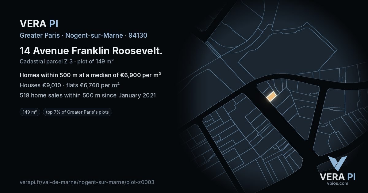 14 Avenue Franklin Roosevelt, Nogent-sur-Marne at night – the plot lit, the parcels around coloured by the prices near them