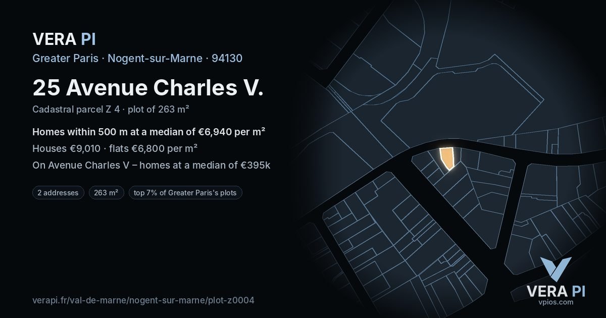 25 Avenue Charles V, Nogent-sur-Marne at night – the plot lit, the parcels around coloured by the prices near them