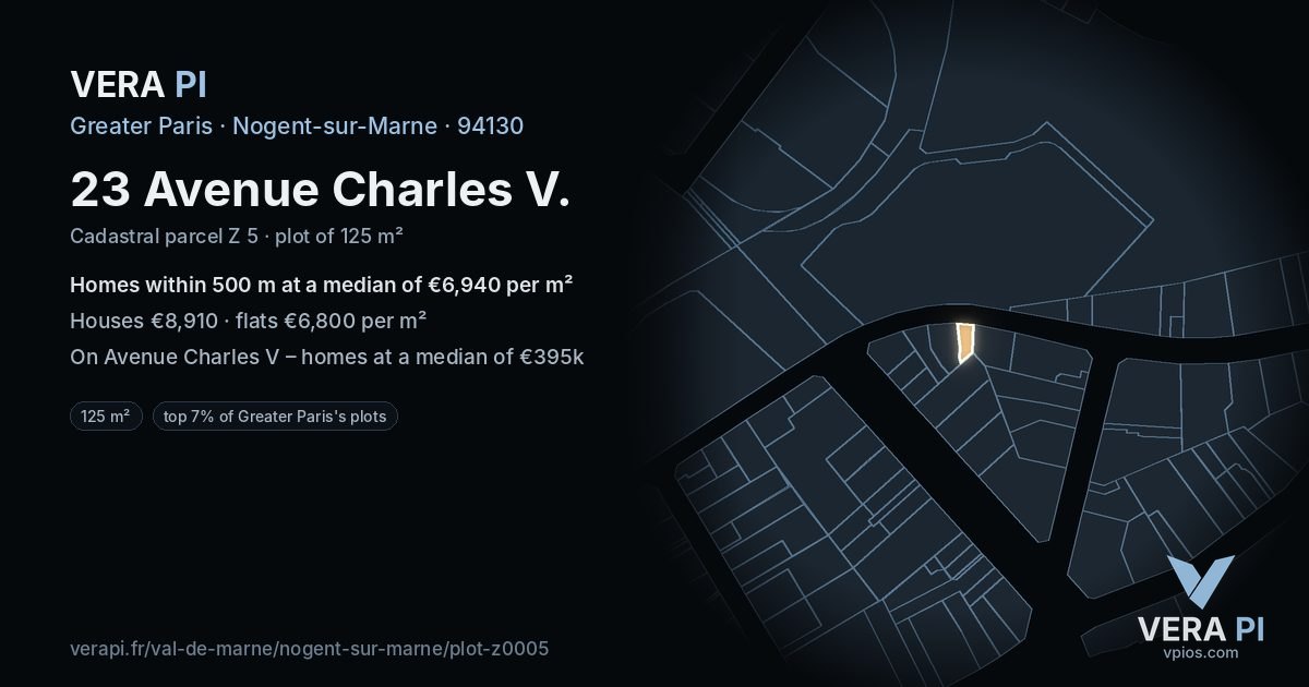 23 Avenue Charles V, Nogent-sur-Marne at night – the plot lit, the parcels around coloured by the prices near them
