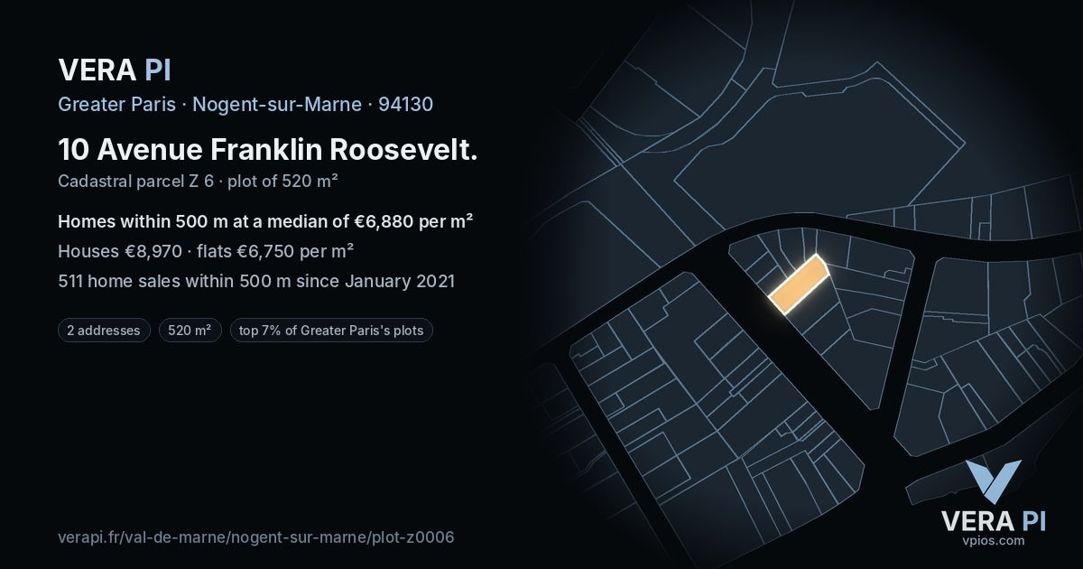 10 Avenue Franklin Roosevelt, Nogent-sur-Marne at night – the plot lit, the parcels around coloured by the prices near them