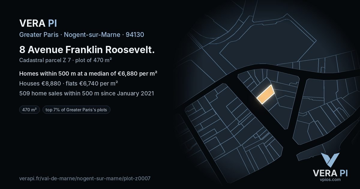 8 Avenue Franklin Roosevelt, Nogent-sur-Marne at night – the plot lit, the parcels around coloured by the prices near them
