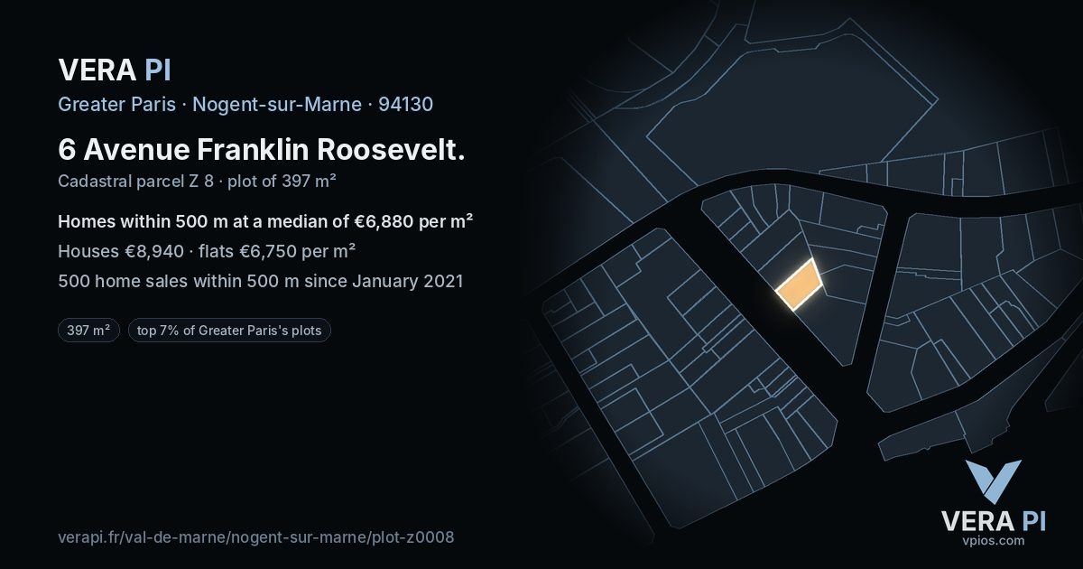 6 Avenue Franklin Roosevelt, Nogent-sur-Marne at night – the plot lit, the parcels around coloured by the prices near them