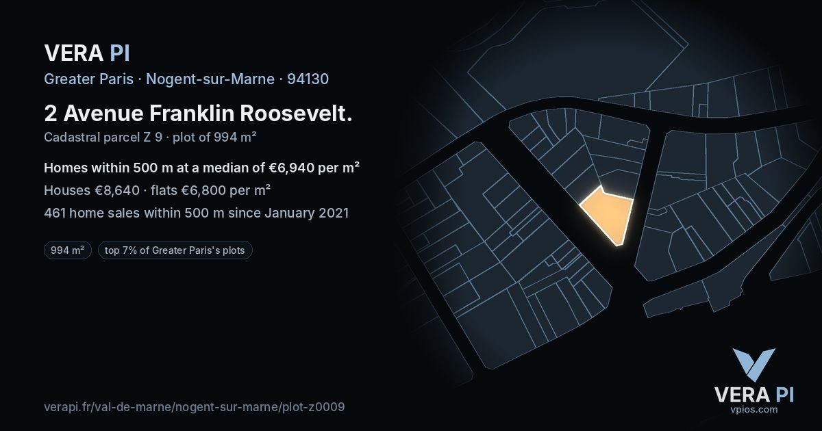 2 Avenue Franklin Roosevelt, Nogent-sur-Marne at night – the plot lit, the parcels around coloured by the prices near them