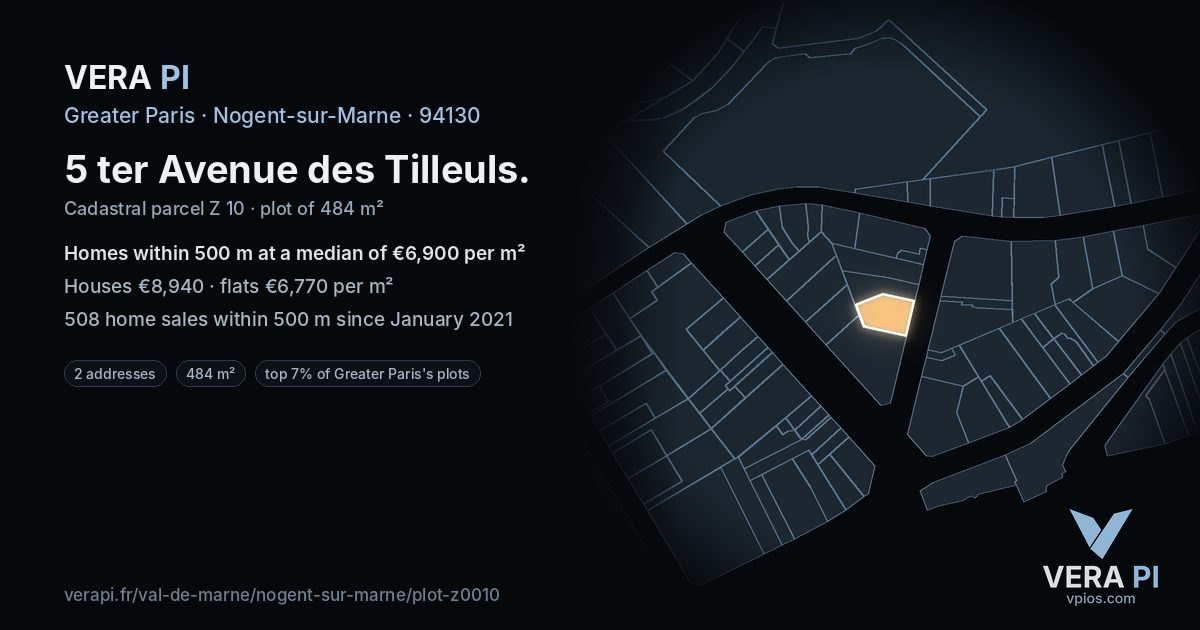 5 ter Avenue des Tilleuls, Nogent-sur-Marne at night – the plot lit, the parcels around coloured by the prices near them