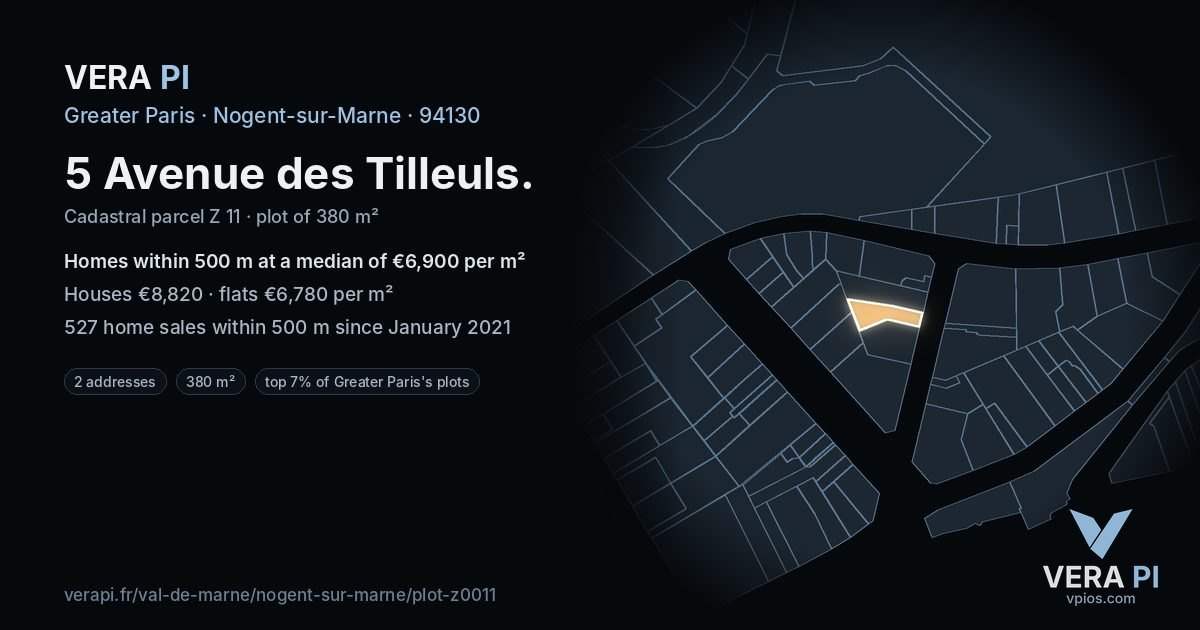 5 Avenue des Tilleuls, Nogent-sur-Marne at night – the plot lit, the parcels around coloured by the prices near them