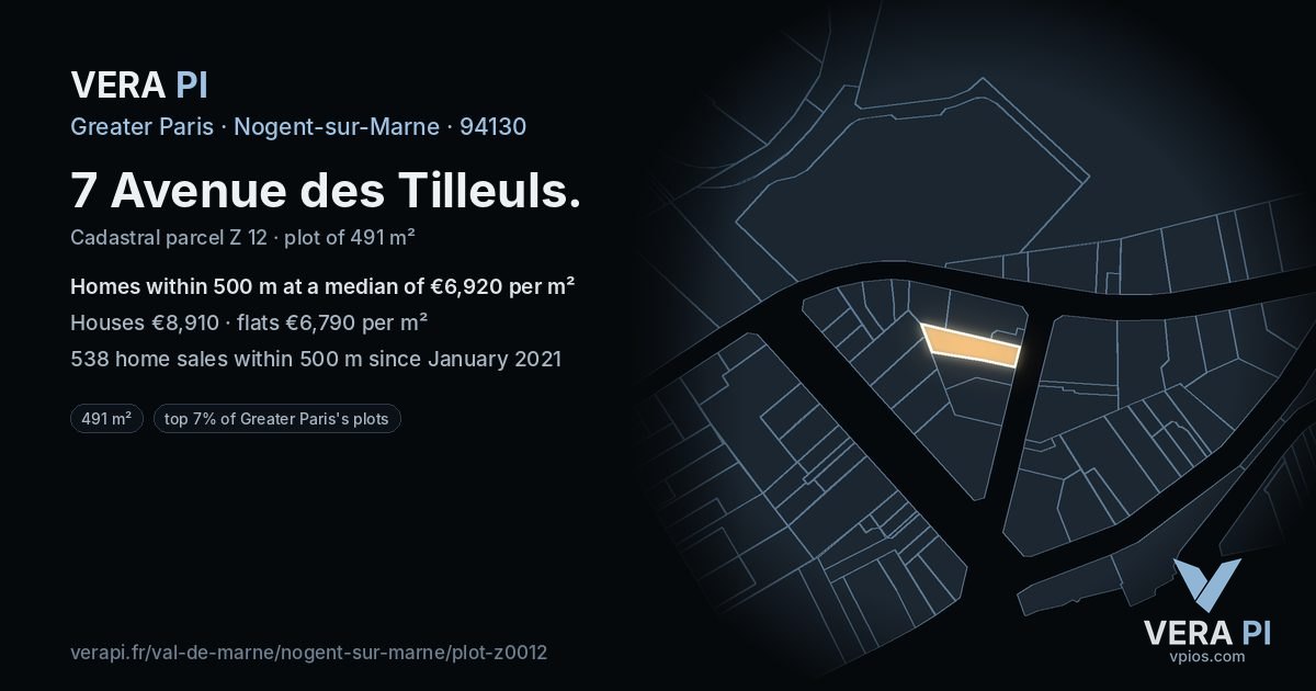 7 Avenue des Tilleuls, Nogent-sur-Marne at night – the plot lit, the parcels around coloured by the prices near them