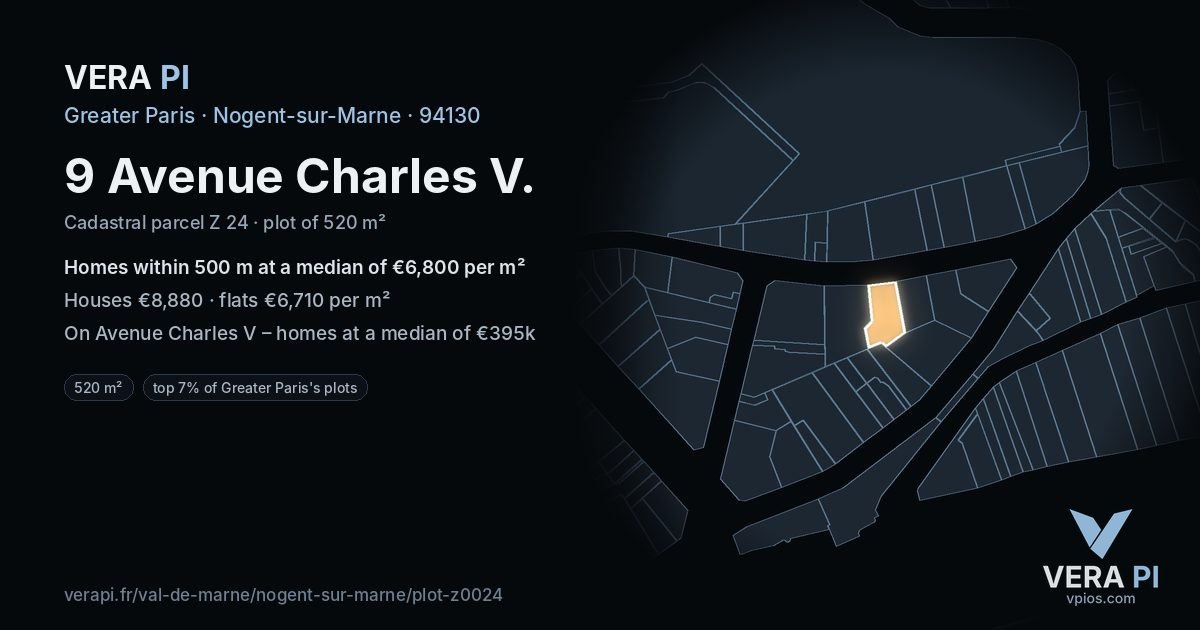 9 Avenue Charles V, Nogent-sur-Marne at night – the plot lit, the parcels around coloured by the prices near them